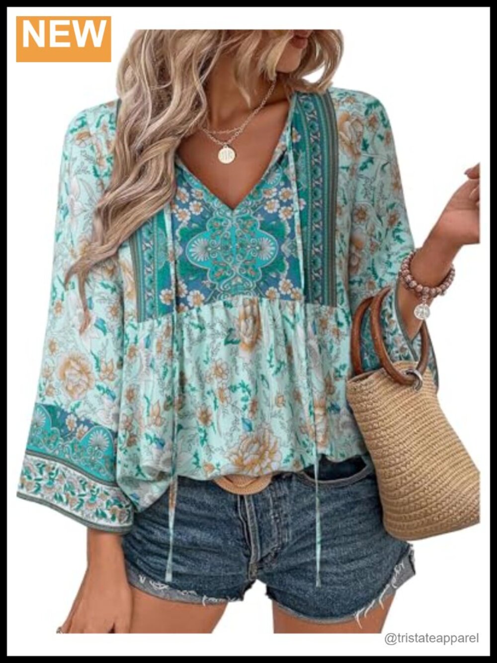 Boho 3/4 Sleeve V-Neck Tie Front Blouse Women's Rayon Floral